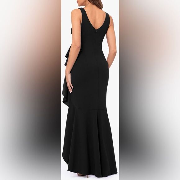 Betsy & Adam Cascade‎ Ruffle High-Low V-Neck Gown navy blue size 4 NWT in pkg - Picture 4 of 8